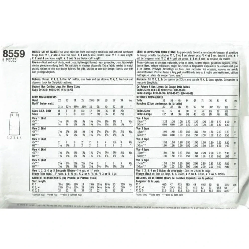 Simplicity Sewing Pattern 8559‎ Skirts Misses Size 16-20